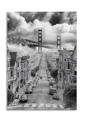 Black and white street scene with Golden Gate Bridge in the background, as a premium aluminum metal print from GoMetalPrint.
