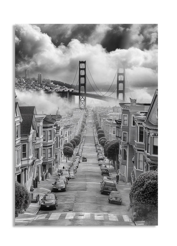 Black and white street scene with Golden Gate Bridge in the background, as a premium aluminum metal print from GoMetalPrint.
