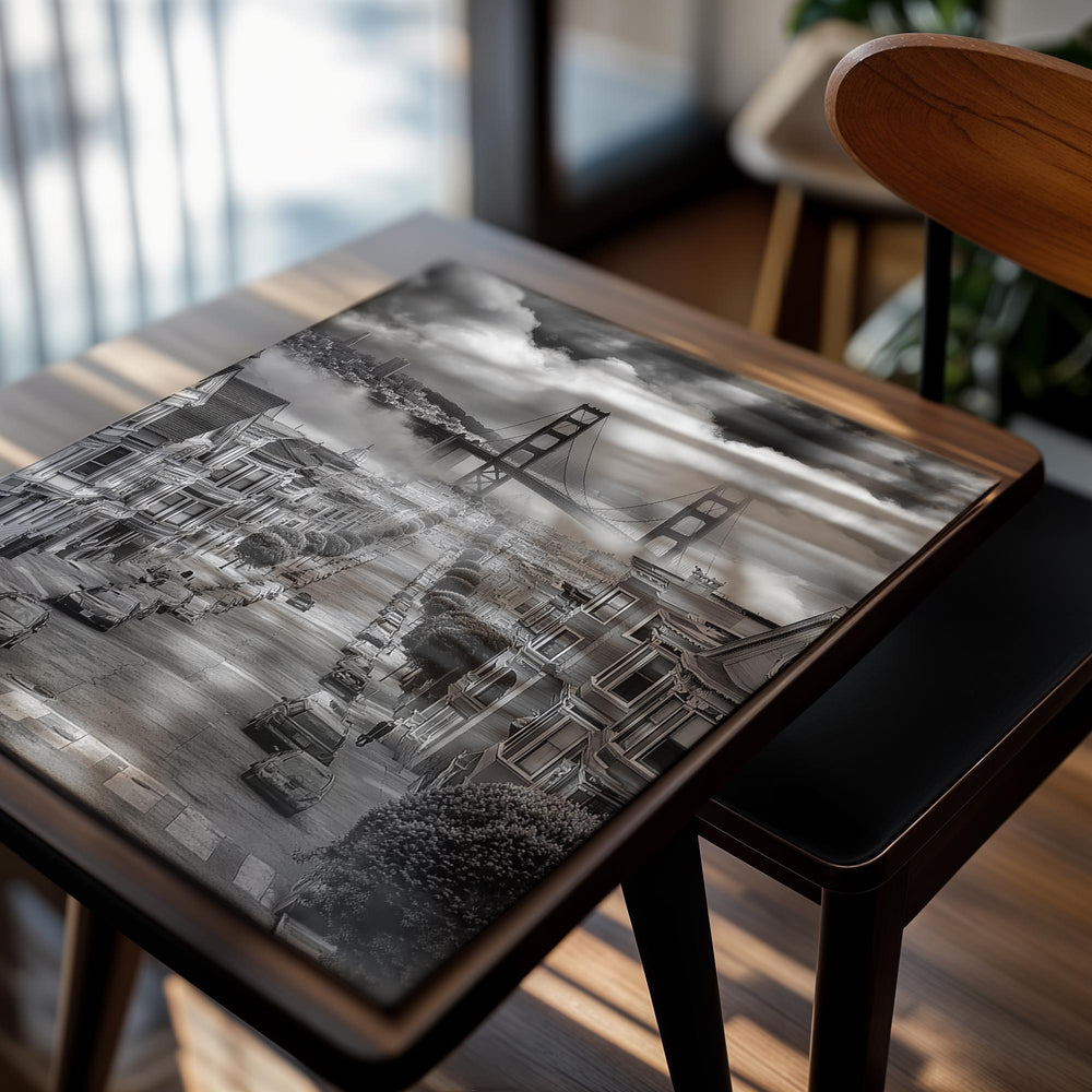 Black and white street scene with Golden Gate Bridge in the background, as a premium aluminum metal print from GoMetalPrint.
