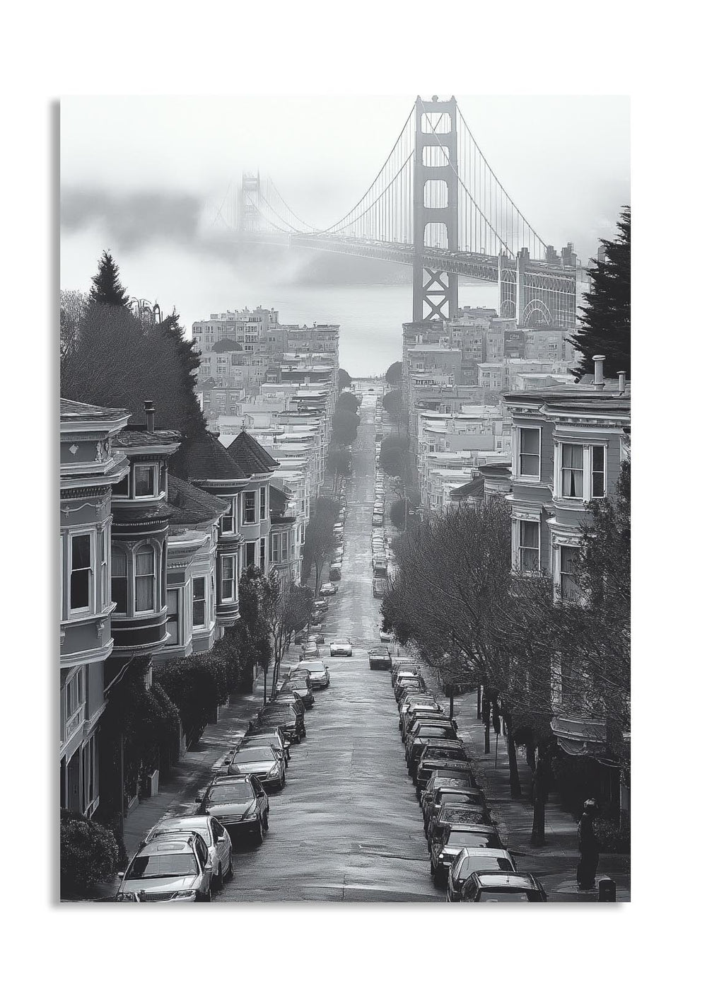 Street scene with houses and the Golden Gate Bridge in the background, as a premium aluminum metal print from GoMetalPrint.
