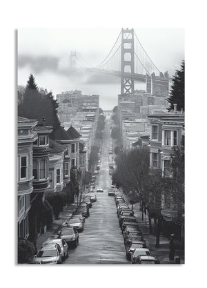 Street scene with houses and the Golden Gate Bridge in the background, as a premium aluminum metal print from GoMetalPrint.
