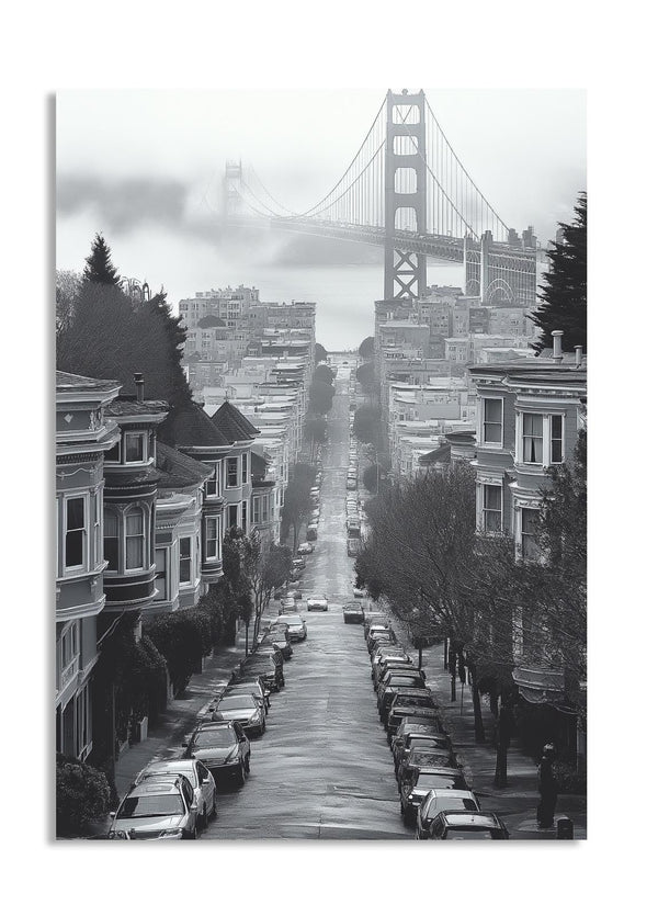 Street scene with houses and the Golden Gate Bridge in the background, as a premium aluminum metal print from GoMetalPrint.
