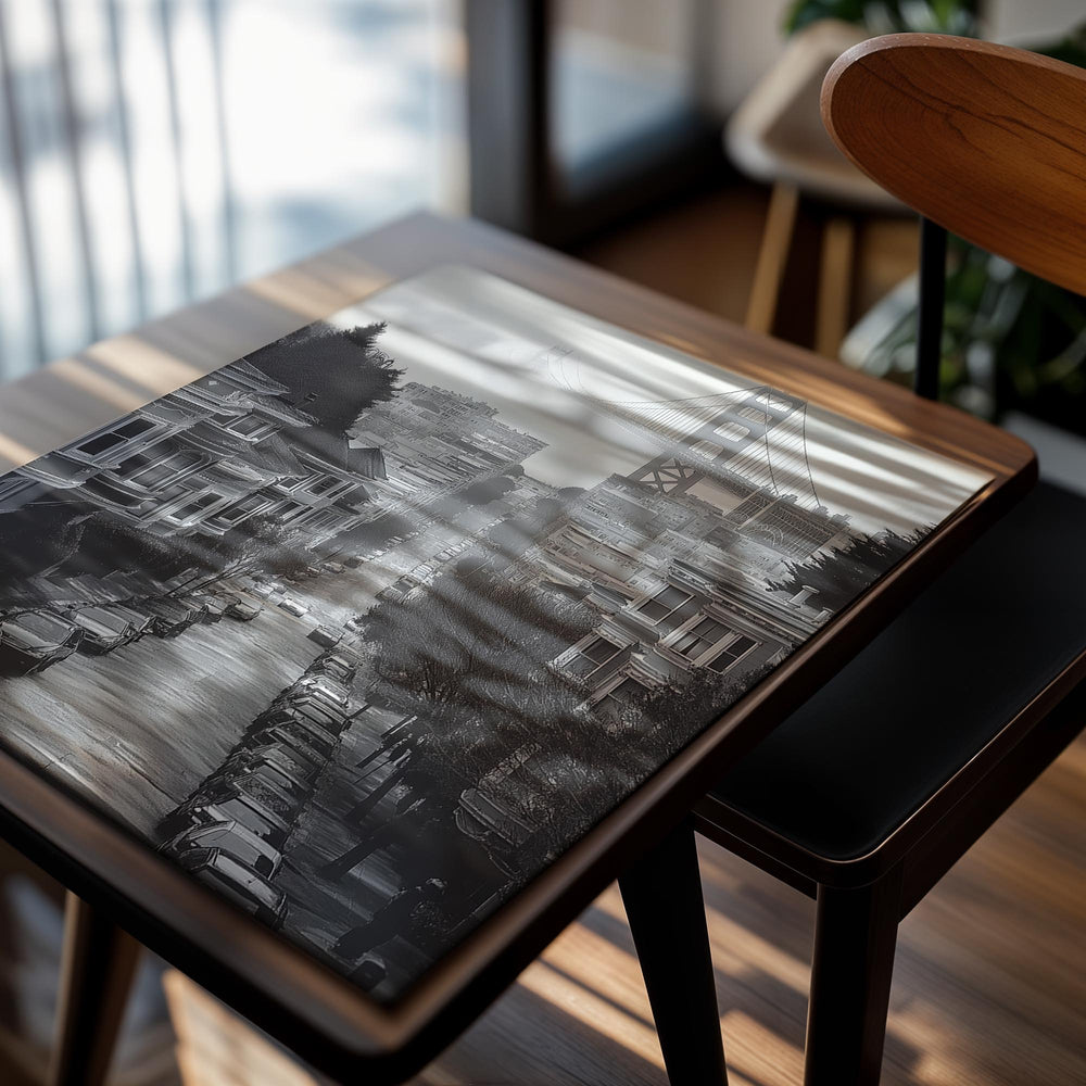 Street scene with houses and the Golden Gate Bridge in the background, as a premium aluminum metal print from GoMetalPrint.
