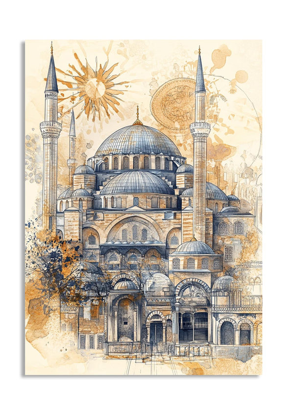 Decorative poster of a mosque with artistic elements on a beige background, as a premium aluminum metal print from GoMetalPrint.
