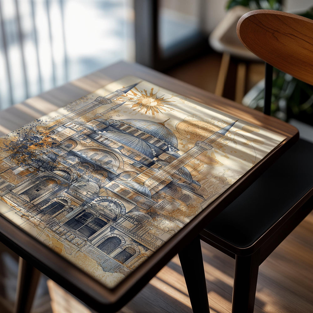 Decorative poster of a mosque with artistic elements on a beige background, as a premium aluminum metal print from GoMetalPrint.
