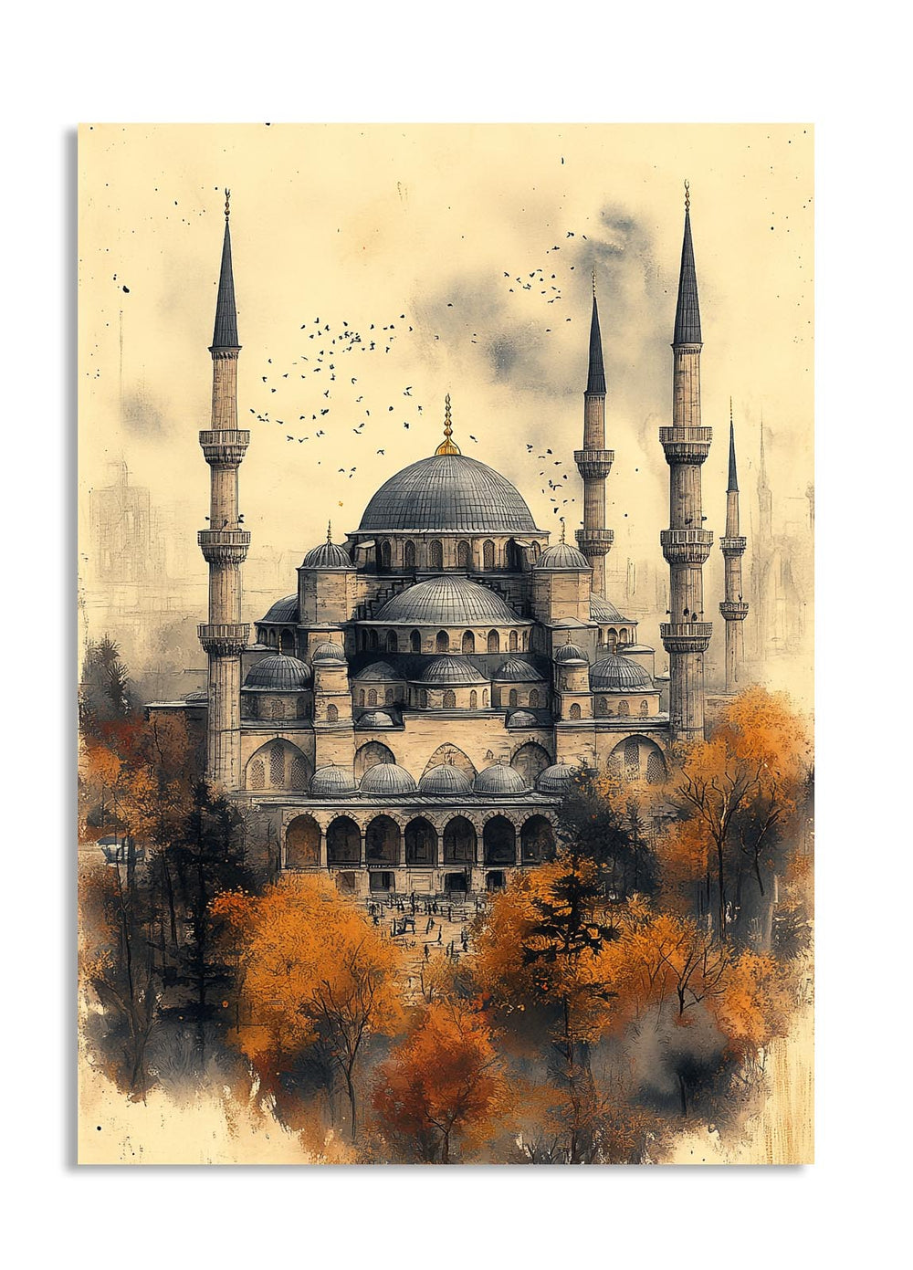 Artistic depiction of a mosque with autumn trees in the foreground, as a premium aluminum metal print from GoMetalPrint.
