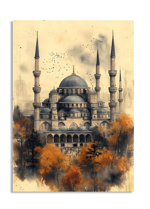 Artistic depiction of a mosque with autumn trees in the foreground, as a premium aluminum metal print from GoMetalPrint.
