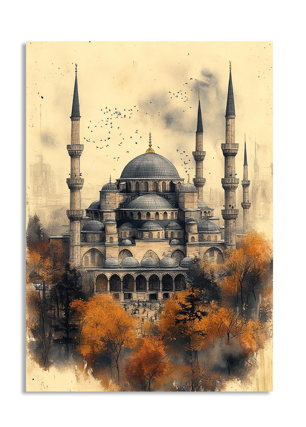 Artistic depiction of a mosque with autumn trees in the foreground, as a premium aluminum metal print from GoMetalPrint.
