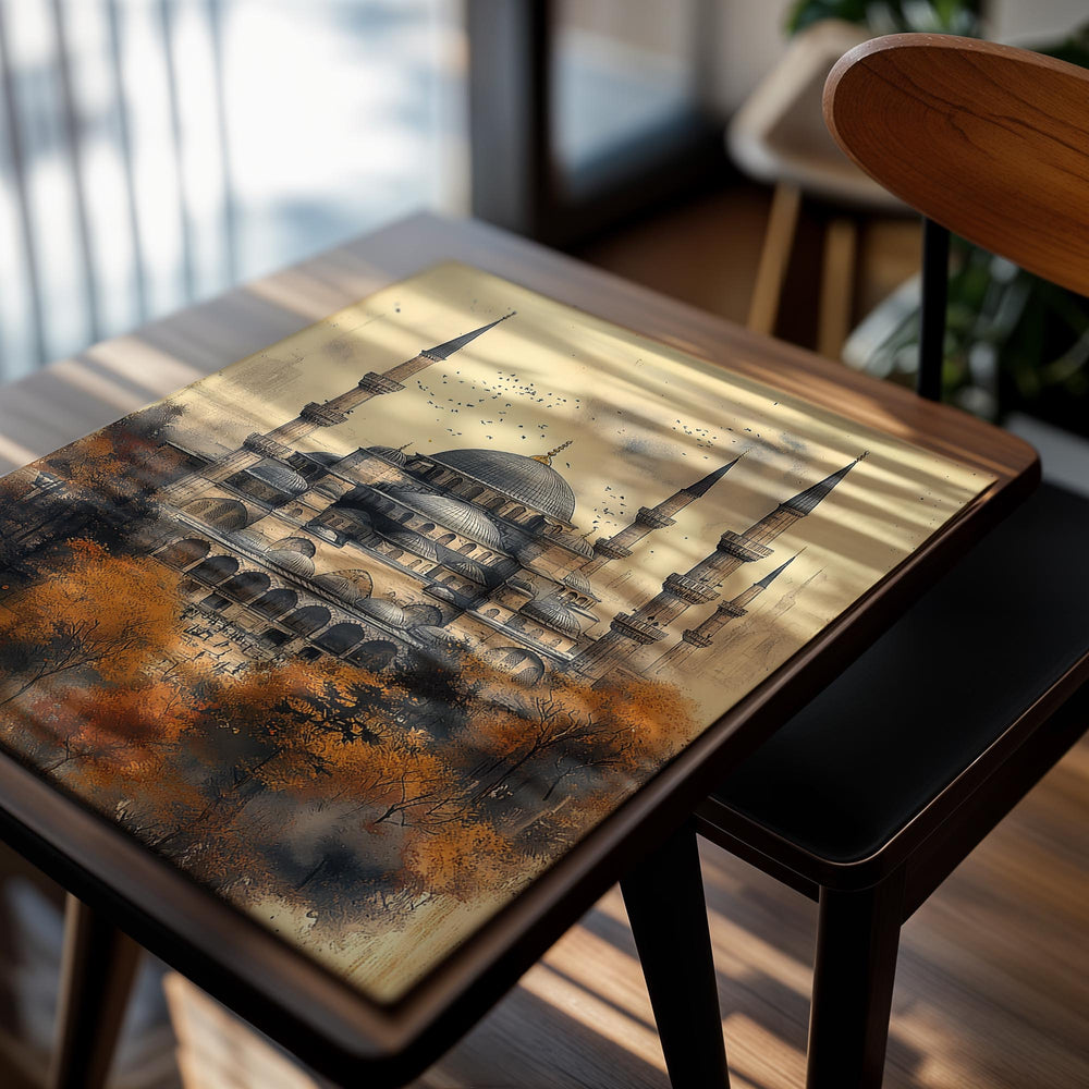 Artistic depiction of a mosque with autumn trees in the foreground, as a premium aluminum metal print from GoMetalPrint.
