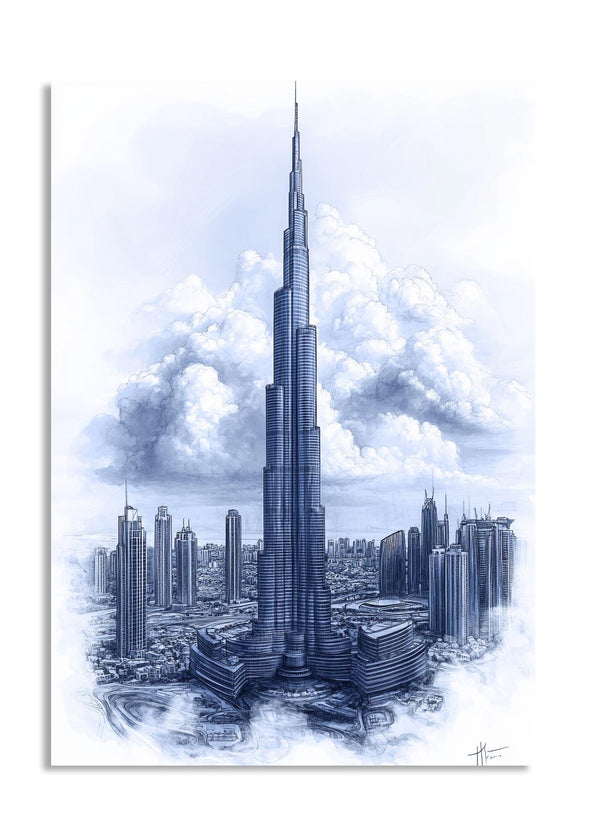 Artistic depiction of a skyscraper with clouds in the background, as a premium aluminum metal print from GoMetalPrint.
