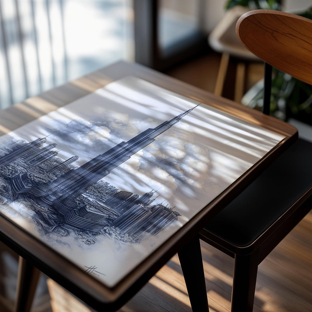 Artistic depiction of a skyscraper with clouds in the background, as a premium aluminum metal print from GoMetalPrint.
