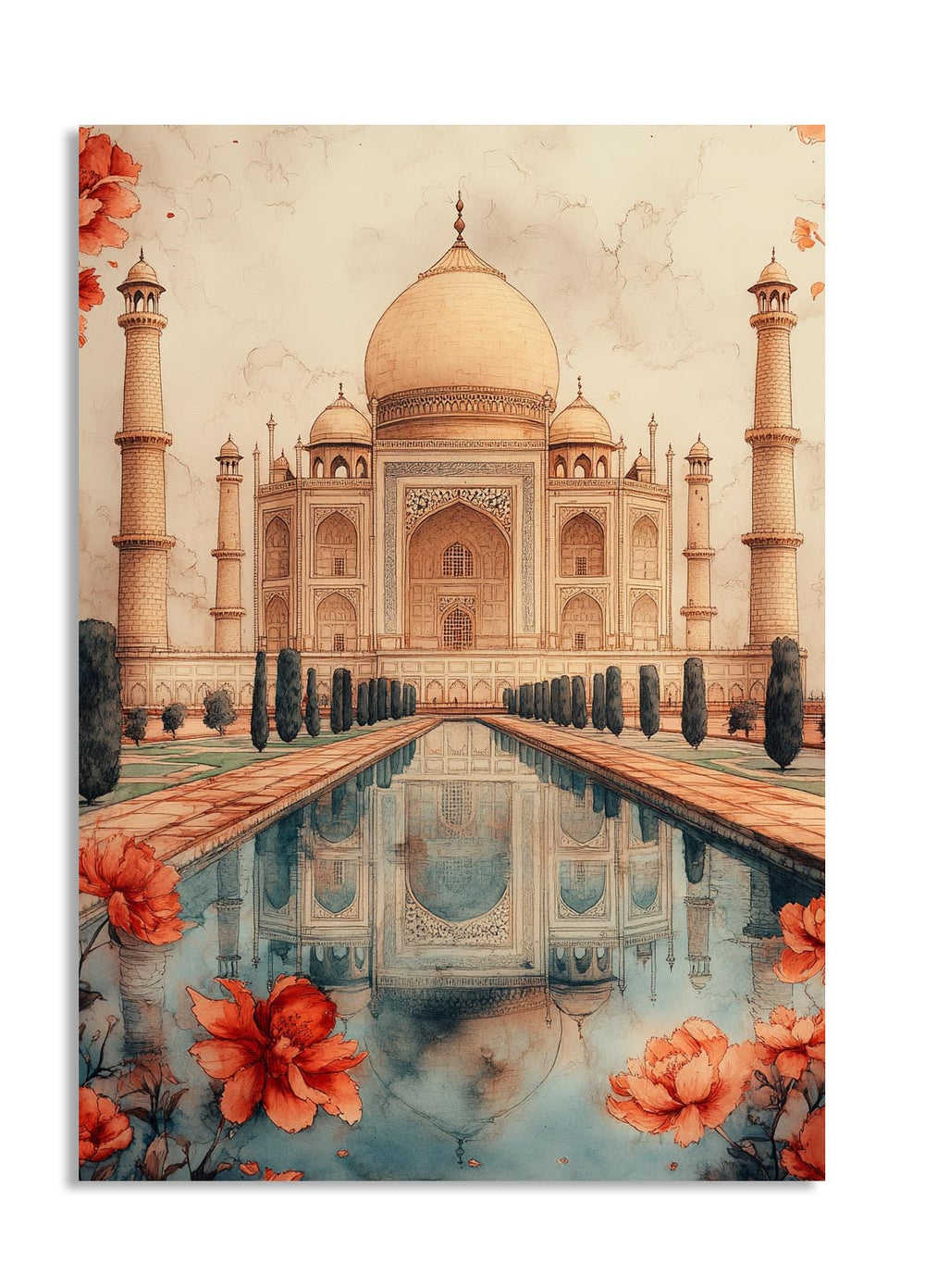 Illustration of the Taj Mahal with floral elements on a white background, as a premium aluminum metal print from GoMetalPrint.
