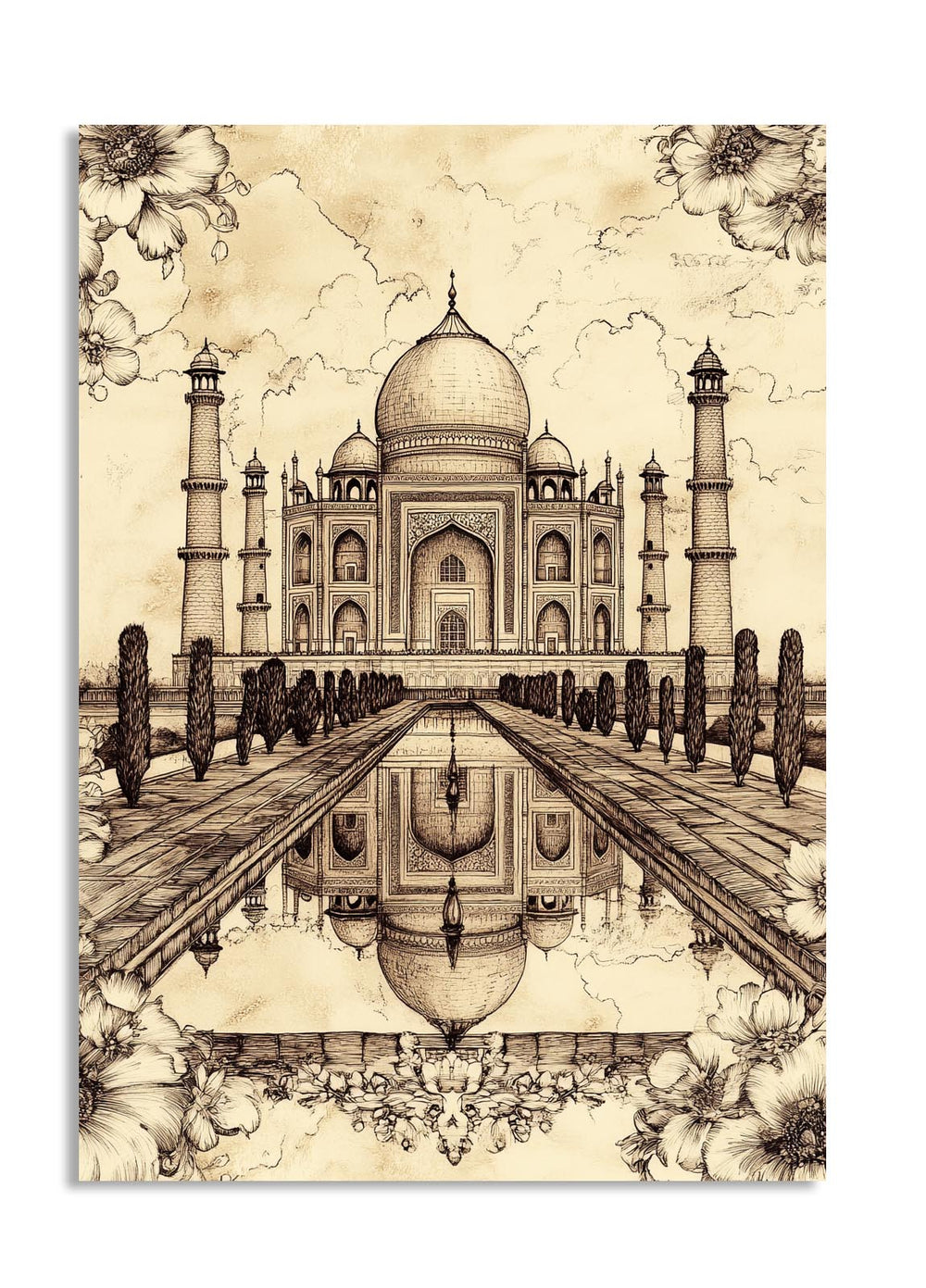 Artistic depiction of the Taj Mahal with floral elements on a beige background, as a premium aluminum metal print from GoMetalPrint.
