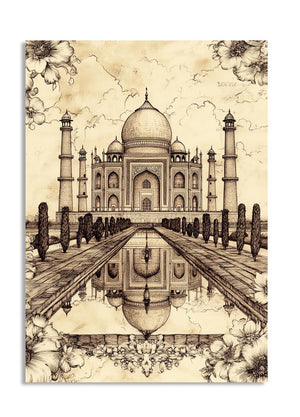 Artistic depiction of the Taj Mahal with floral elements on a beige background, as a premium aluminum metal print from GoMetalPrint.
