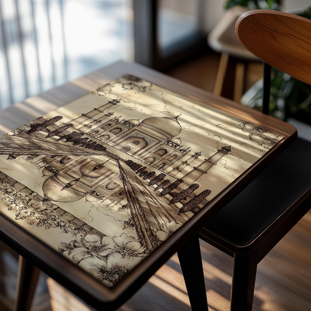 Artistic depiction of the Taj Mahal with floral elements on a beige background, as a premium aluminum metal print from GoMetalPrint.
