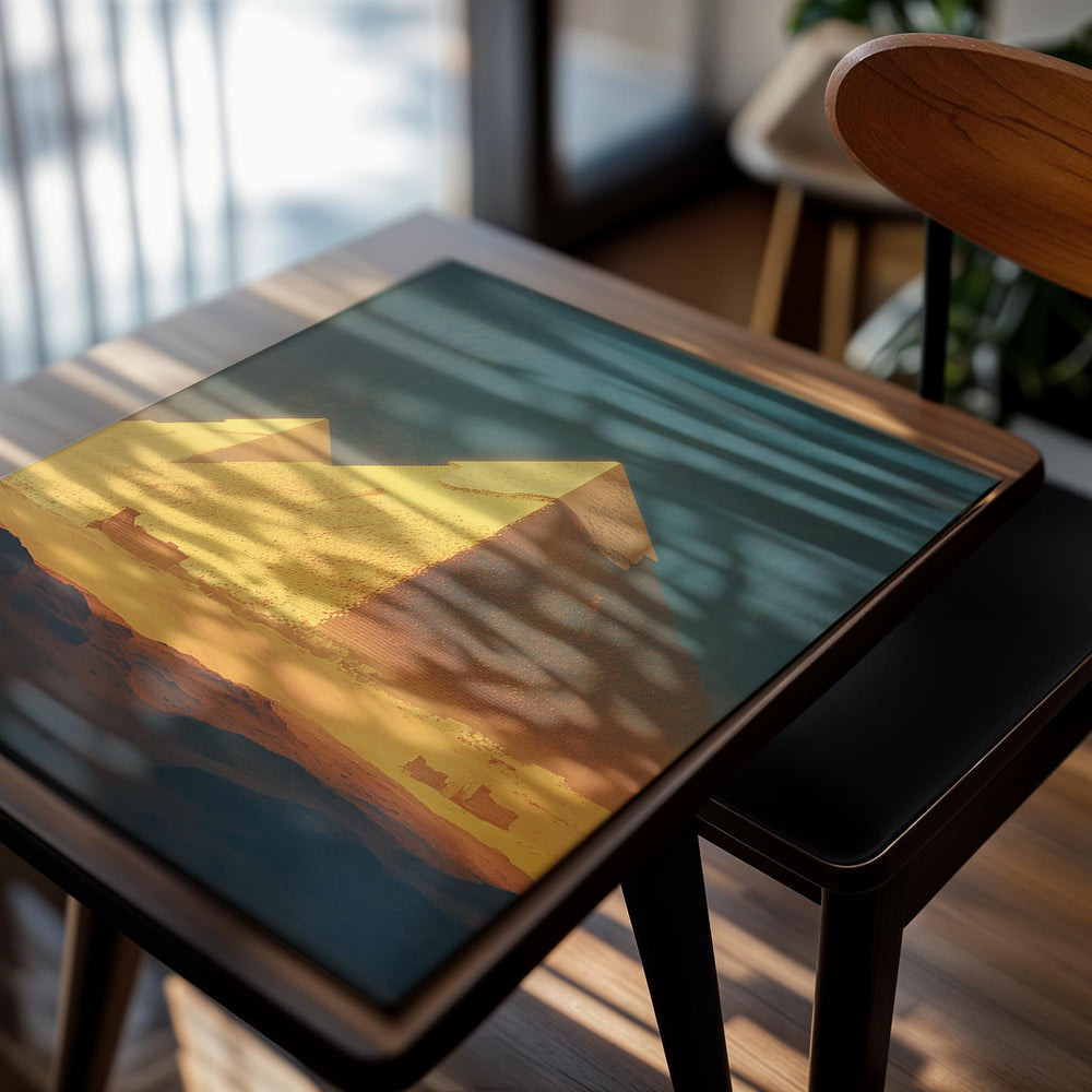 Two pyramids with a sunset or sunrise sky, as a premium aluminum metal print from GoMetalPrint.
