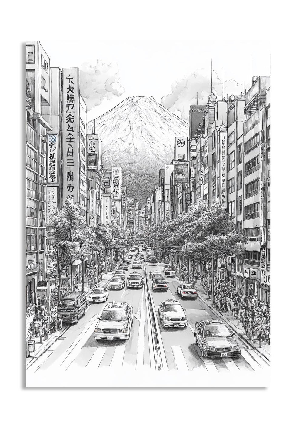 Illustration of a city street with tall buildings and Mount Fuji in the background, as a premium aluminum metal print from GoMetalPrint.
