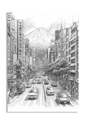 Illustration of a city street with tall buildings and Mount Fuji in the background, as a premium aluminum metal print from GoMetalPrint.
