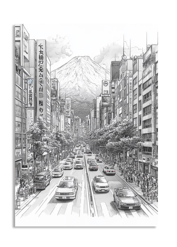 Illustration of a city street with tall buildings and Mount Fuji in the background, as a premium aluminum metal print from GoMetalPrint.
