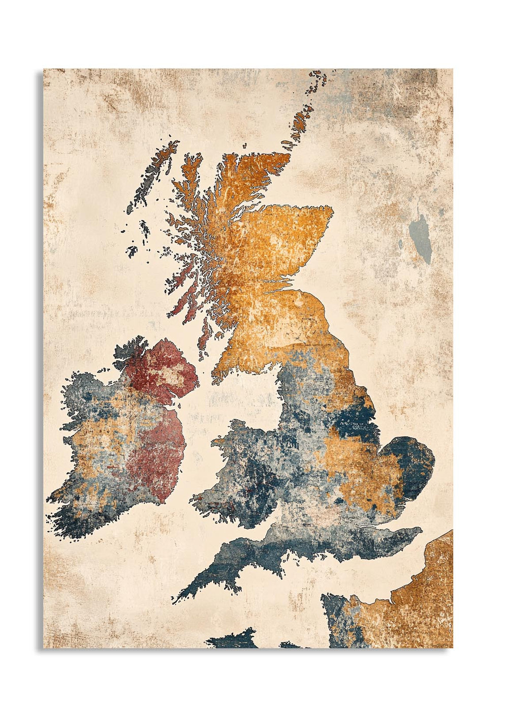 Map of the United Kingdom with a textured, vintage-style background, as a premium aluminum metal print from GoMetalPrint.
