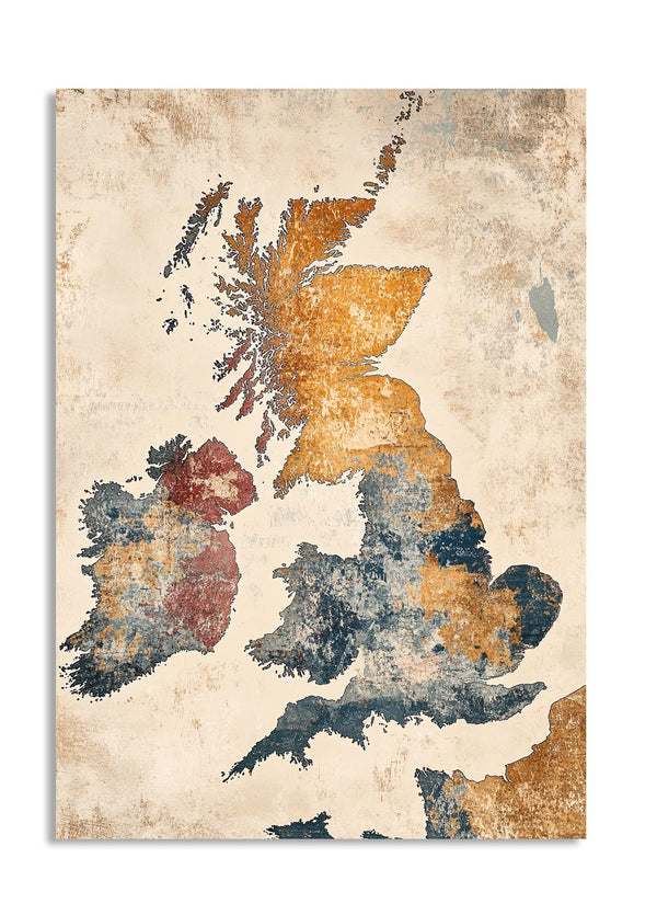 Map of the United Kingdom with a textured, vintage-style background, as a premium aluminum metal print from GoMetalPrint.
