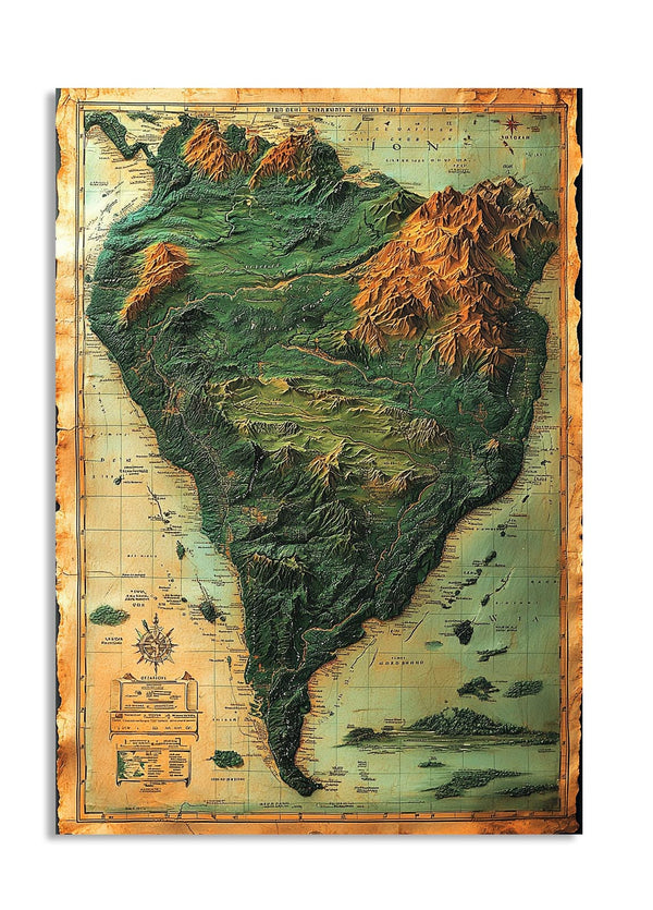 3D topographic map of South America with a vintage design, as a premium aluminum metal print from GoMetalPrint.

