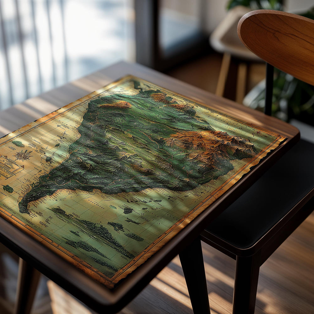3D topographic map of South America with a vintage design, as a premium aluminum metal print from GoMetalPrint.
