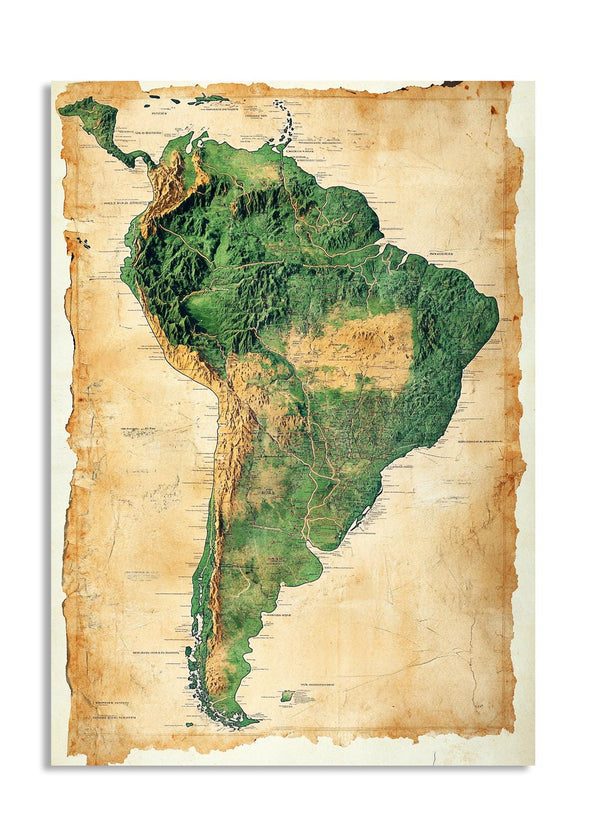 Topographic map of South America on a textured paper background, as a premium aluminum metal print from GoMetalPrint.
