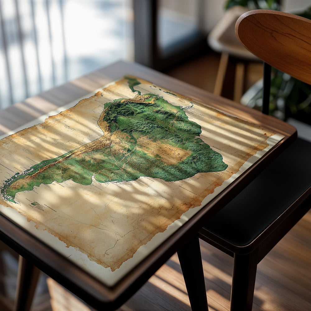 Topographic map of South America on a textured paper background, as a premium aluminum metal print from GoMetalPrint.
