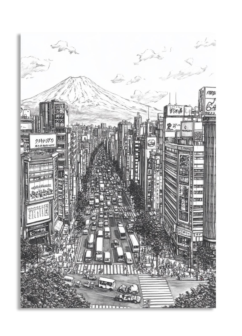 Illustration of a busy city street with tall buildings and Mount Fuji in the background, as a premium aluminum metal print from GoMetalPrint.
