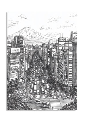 Illustration of a busy city street with tall buildings and Mount Fuji in the background, as a premium aluminum metal print from GoMetalPrint.
