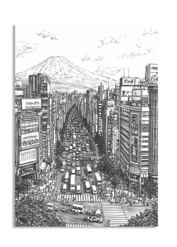 Illustration of a busy city street with tall buildings and Mount Fuji in the background, as a premium aluminum metal print from GoMetalPrint.
