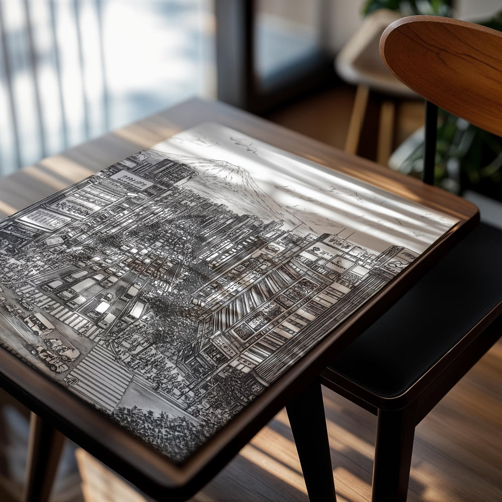 Illustration of a busy city street with tall buildings and Mount Fuji in the background, as a premium aluminum metal print from GoMetalPrint.
