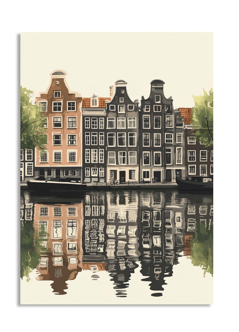 Illustration of canal houses reflected in water with a beige background, as a premium aluminum metal print from GoMetalPrint.
