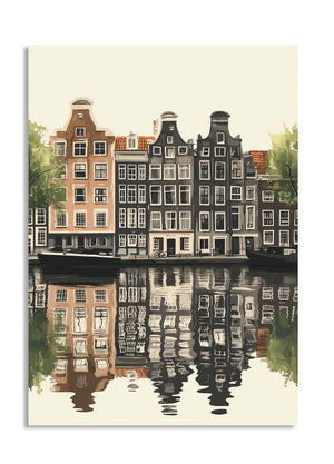Illustration of canal houses reflected in water with a beige background, as a premium aluminum metal print from GoMetalPrint.

