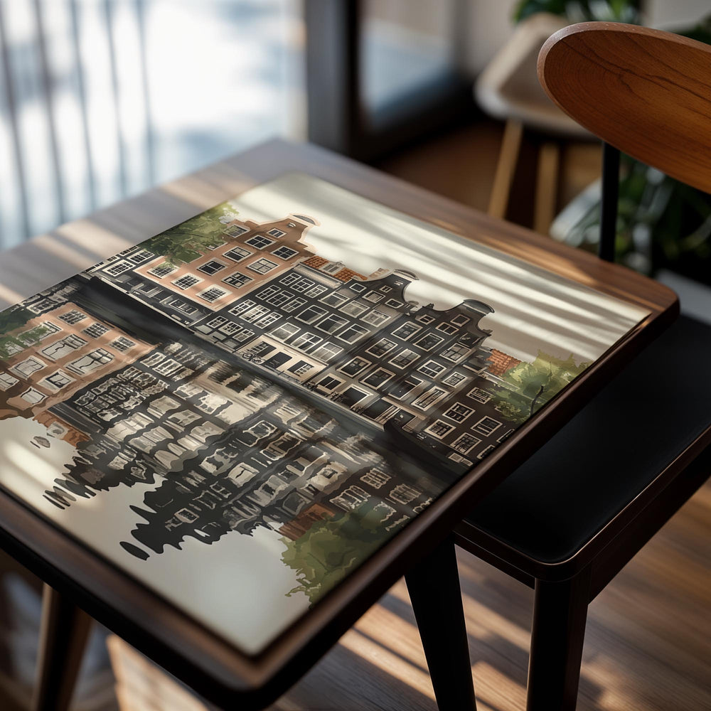 Illustration of canal houses reflected in water with a beige background, as a premium aluminum metal print from GoMetalPrint.
