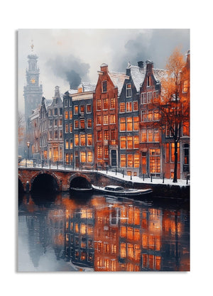 Cityscape with illuminated buildings reflected in water, featuring a bridge and canal, as a premium aluminum metal print from GoMetalPrint.
