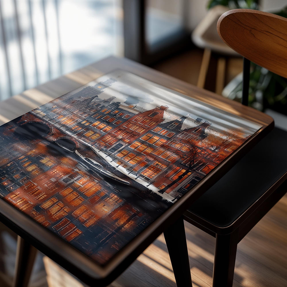 Cityscape with illuminated buildings reflected in water, featuring a bridge and canal, as a premium aluminum metal print from GoMetalPrint.
