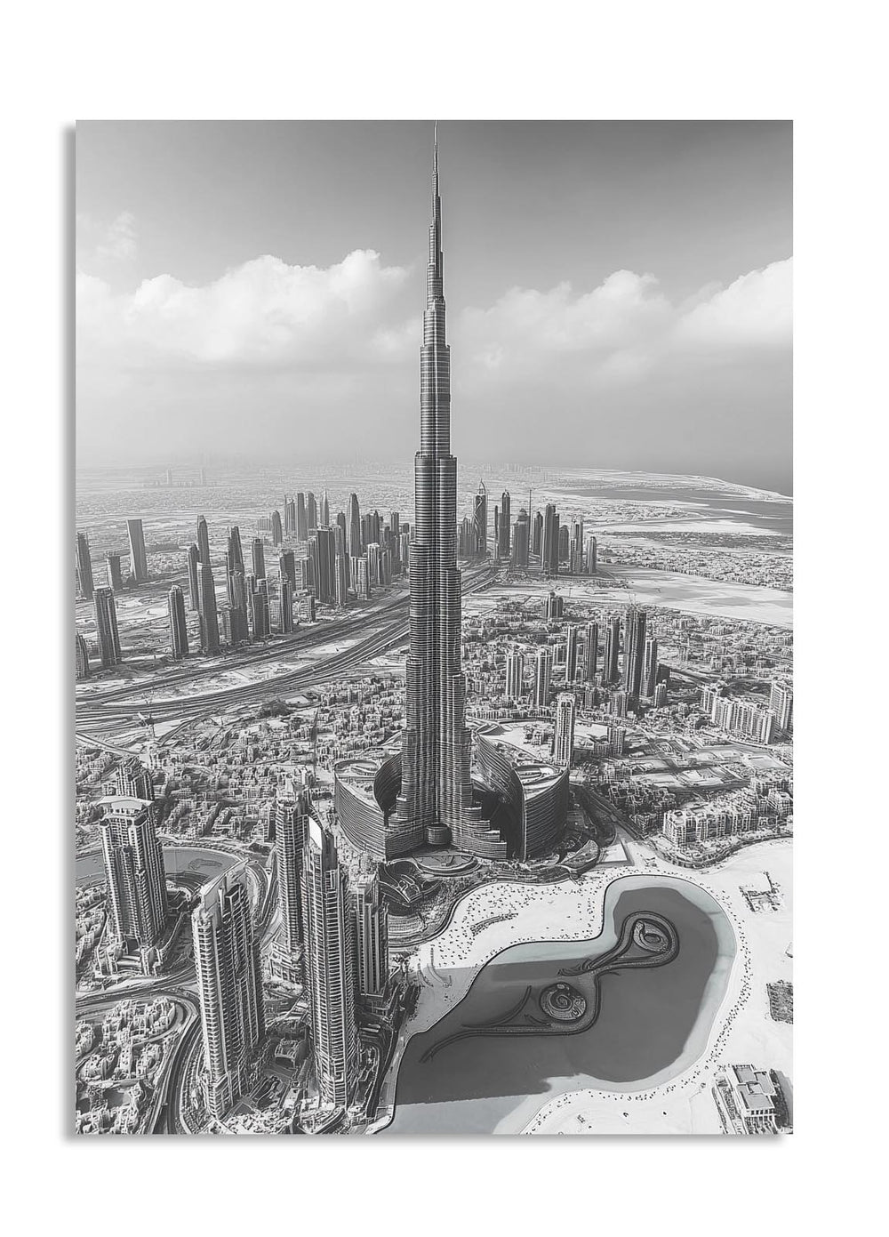 Aerial view of a cityscape with a tall building, likely a skyscraper, in the center, as a premium aluminum metal print from GoMetalPrint.
