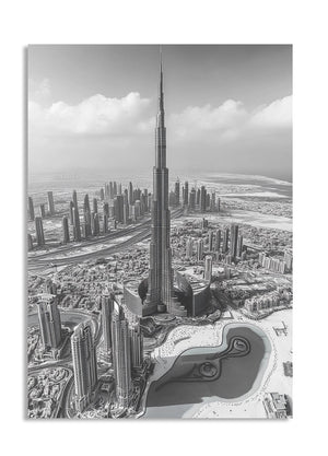 Aerial view of a cityscape with a tall building, likely a skyscraper, in the center, as a premium aluminum metal print from GoMetalPrint.
