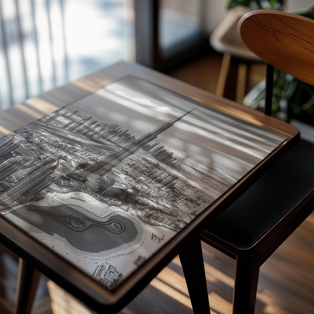 Aerial view of a cityscape with a tall building, likely a skyscraper, in the center, as a premium aluminum metal print from GoMetalPrint.
