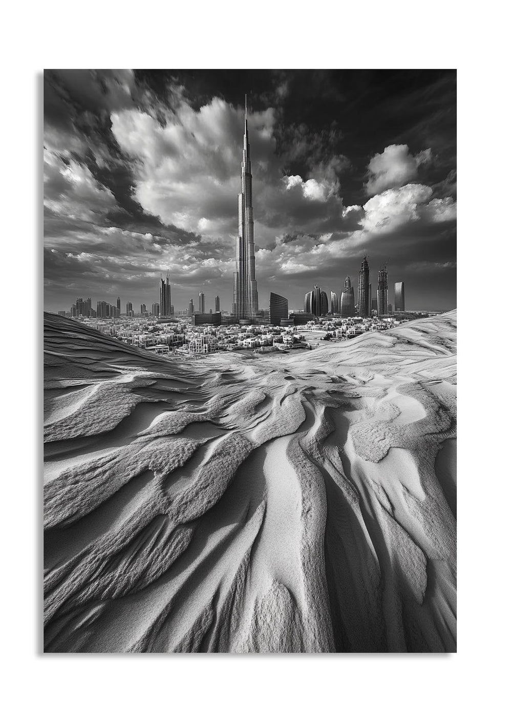 Black and white image of a desert landscape with a city skyline in the background, as a premium aluminum metal print from GoMetalPrint.
