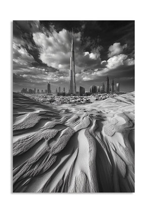 Black and white image of a desert landscape with a city skyline in the background, as a premium aluminum metal print from GoMetalPrint.
