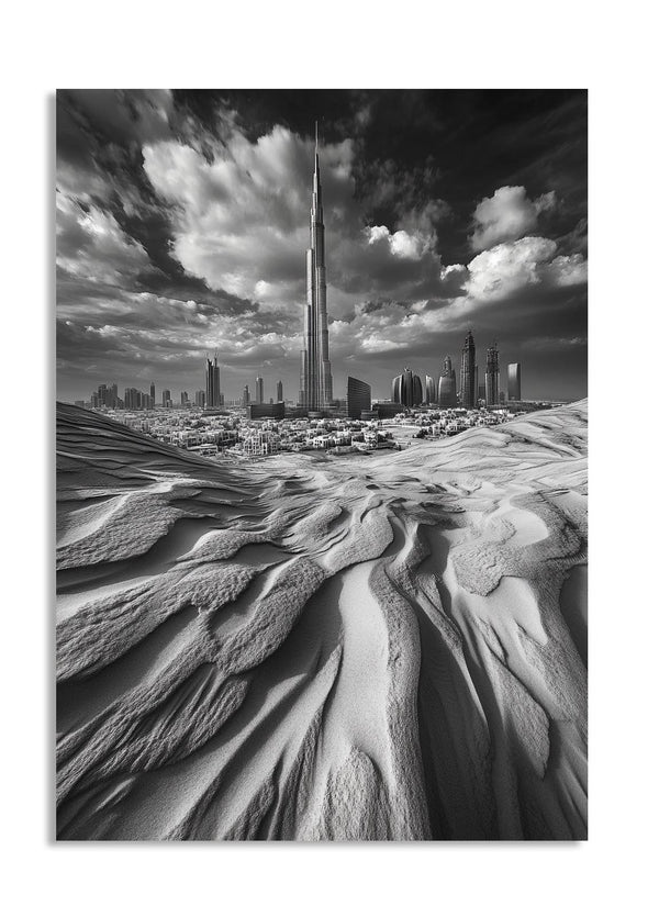 Black and white image of a desert landscape with a city skyline in the background, as a premium aluminum metal print from GoMetalPrint.

