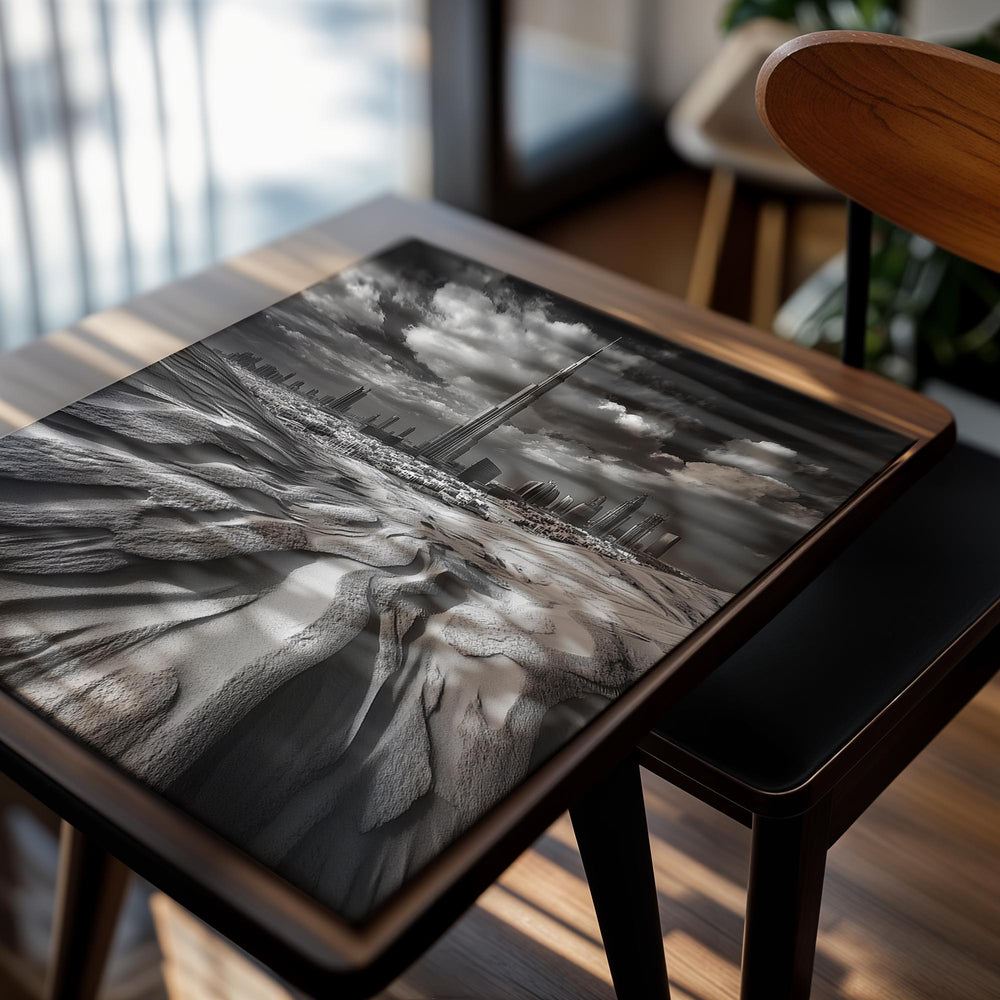 Black and white image of a desert landscape with a city skyline in the background, as a premium aluminum metal print from GoMetalPrint.
