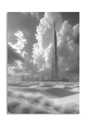 Black and white image of a tall tower with clouds and landscape, as a premium aluminum metal print from GoMetalPrint.
