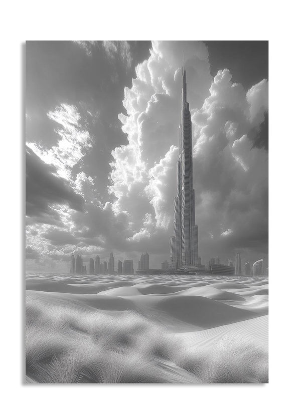 Black and white image of a tall tower with clouds and landscape, as a premium aluminum metal print from GoMetalPrint.
