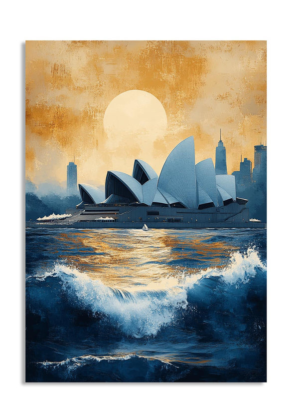 Artistic depiction of the Sydney Opera House with a large sun and city skyline, as a premium aluminum metal print from GoMetalPrint.
