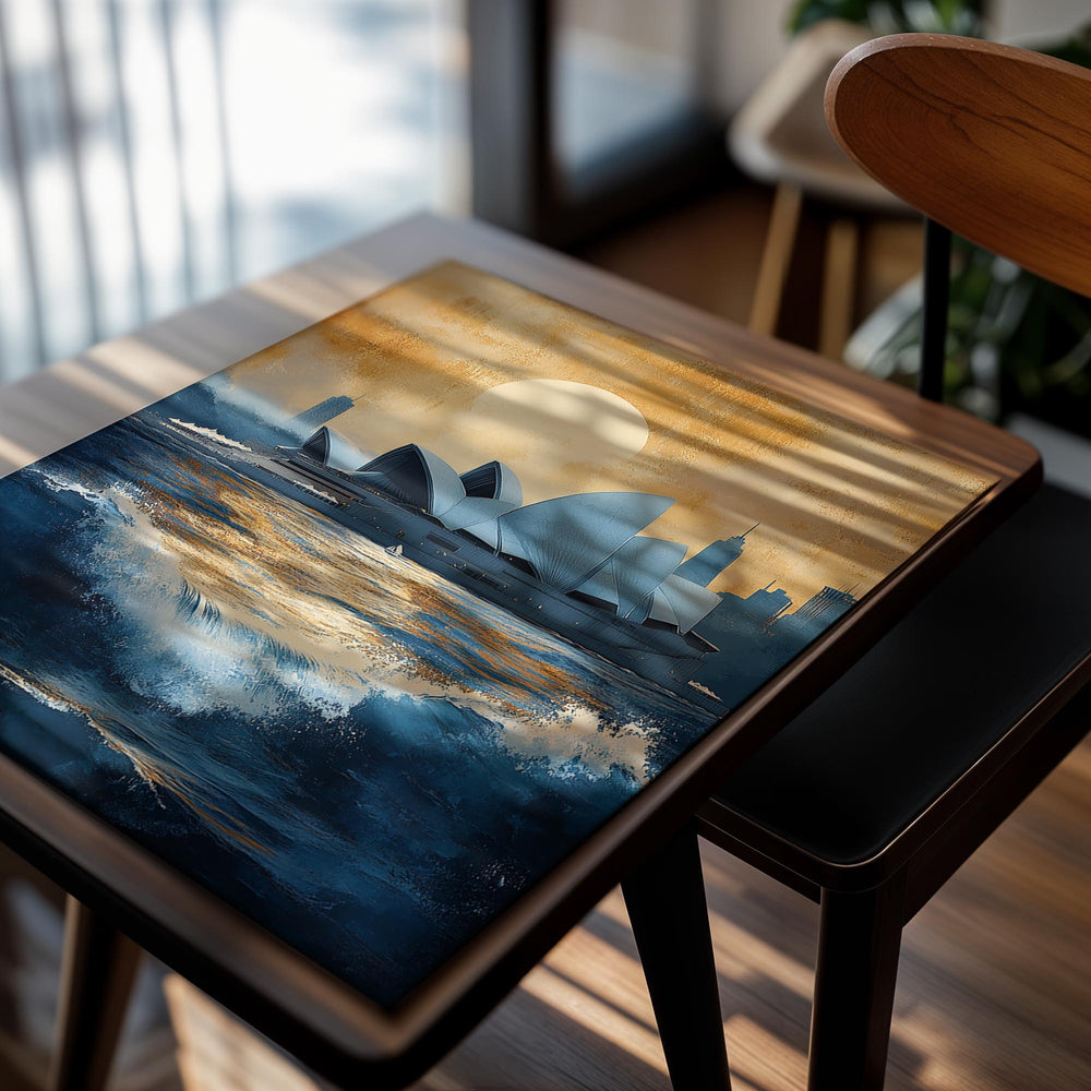 Artistic depiction of the Sydney Opera House with a large sun and city skyline, as a premium aluminum metal print from GoMetalPrint.
