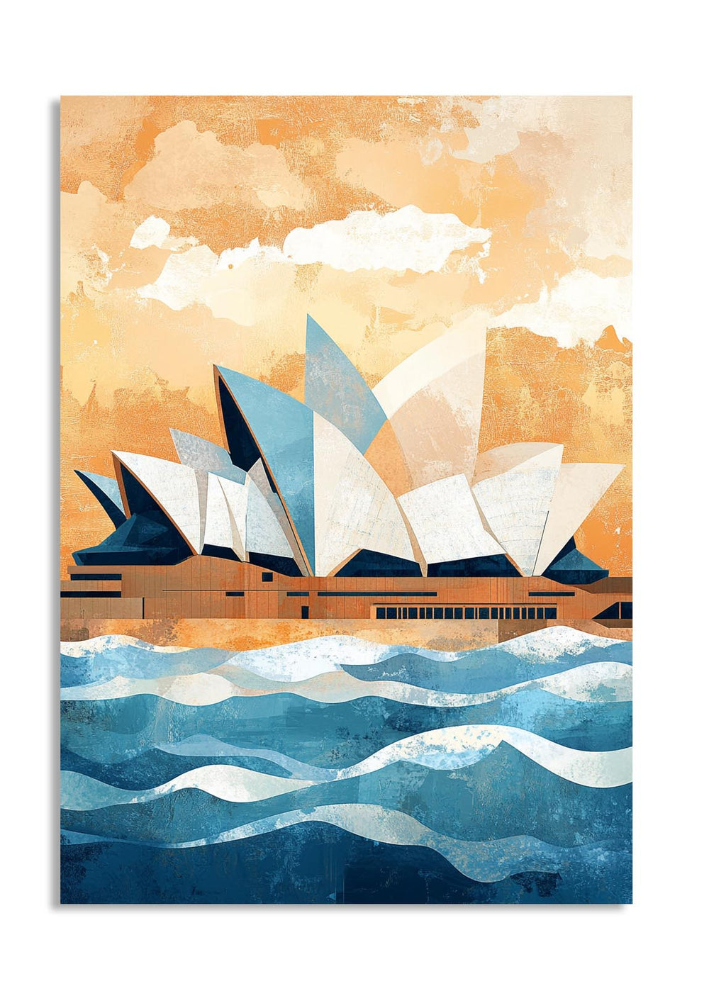 Artistic depiction of the Sydney Opera House with stylized water and sky, as a premium aluminum metal print from GoMetalPrint.

